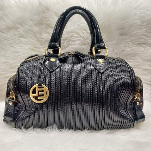 Elliott Lucca Black Patent Leather Handbag With Gold Accents Double Handle Bag - Picture 3 of 15